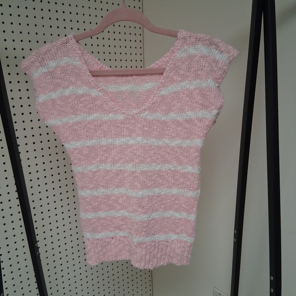 Vintage 80s Chenille Knit Top Pink White Stripe Pastel Cozy Retro Sweater Medium